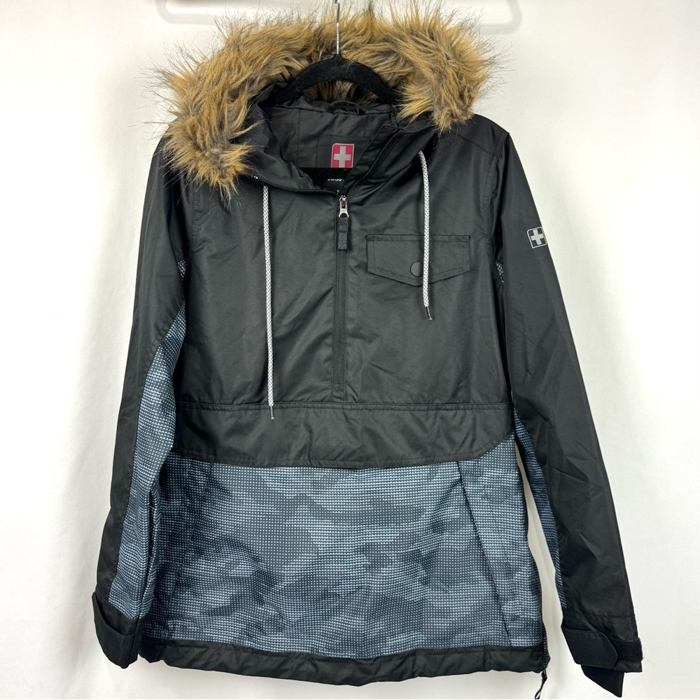 Swiss Tech Women's Sz S Relaxed Fit Snowboard Jacket Hooded Fur Trim Black /Blue